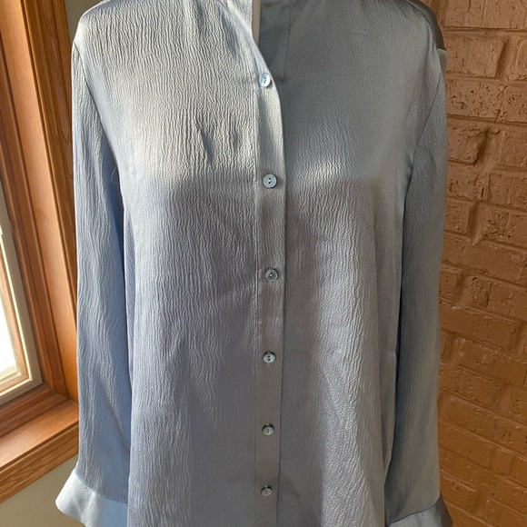 Eileen Fisher Blue 100% Silk Georgette Band Collar Shirt Blouse Size M Medium - Picture 2 of 4